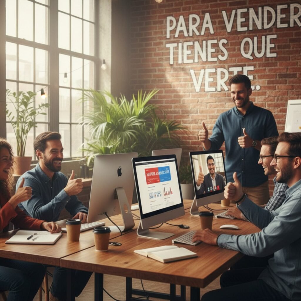 Equipo de profesionales en una reunión de marketing digital, mostrando éxito y colaboración frente a pantallas de computadora con gráficos de ventas y un sitio web optimizado, con un letrero en la pared que dice "PARA VENDER, TIENES QUE VERTE".