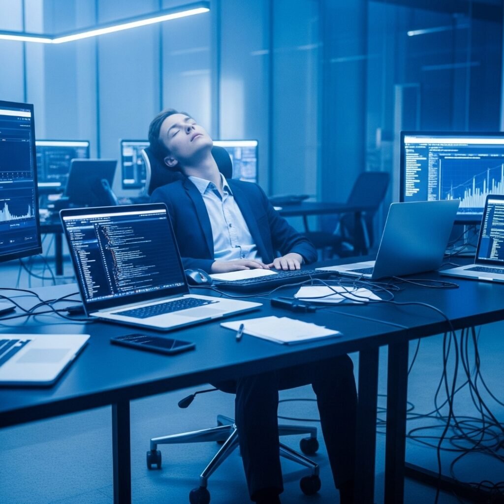 Un profesional con los ojos cerrados, reclinado en su silla en una oficina moderna, rodeado de pantallas con código. Simboliza la fatiga y el riesgo de quedarse atrás en el mundo digital.