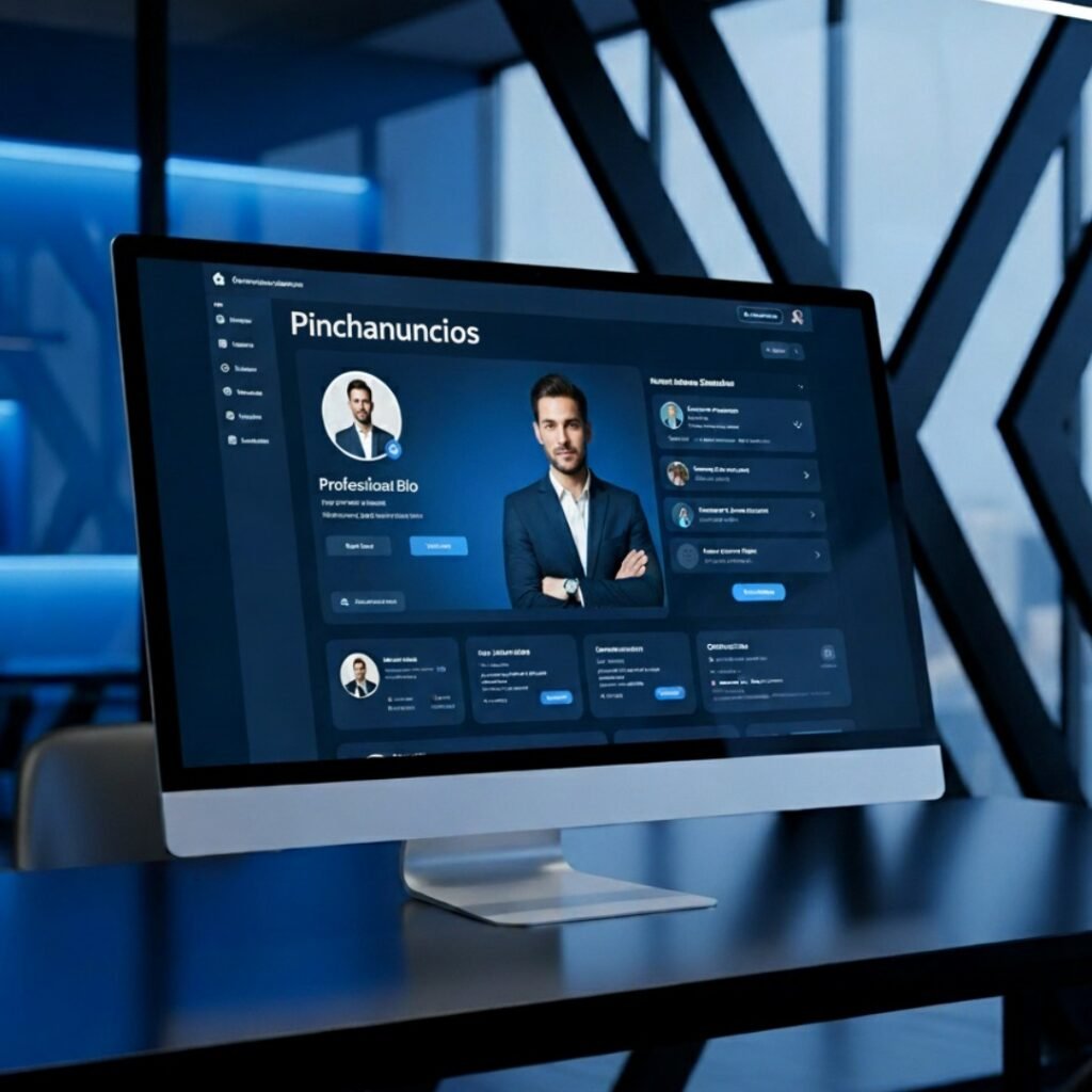 Un perfil profesional en una pantalla, que dice "Pinchanuncios" y "Profesionales", representando la importancia de tener una presencia digital visible y bien hecha.