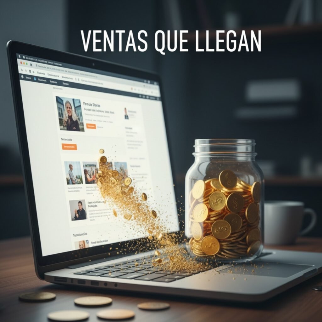 Monedas de oro fluyendo hacia un frasco de vidrio desde una laptop, con el texto "Ventas que Llegan". Simboliza la conversión y las ganancias de los anuncios publicitarios que sí venden.