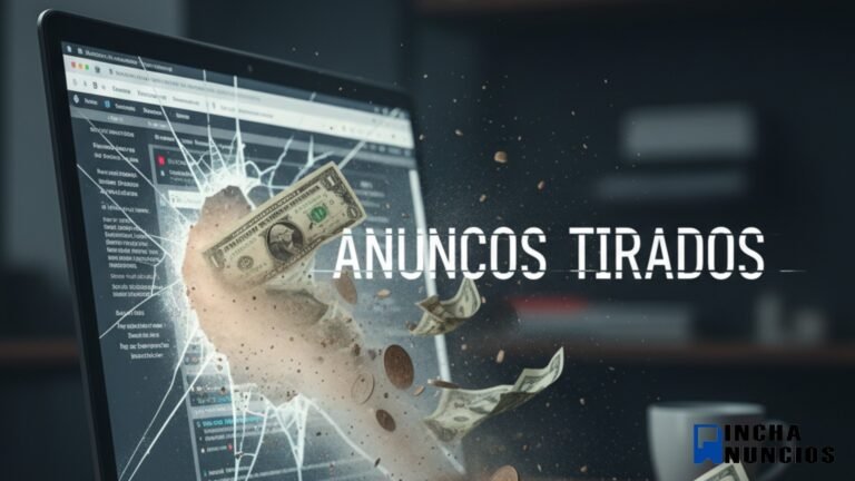 Dinero saliendo de una pantalla de laptop rota, con el texto "Anuncios Tirados". Representa el dinero perdido en anuncios publicitarios que no venden.